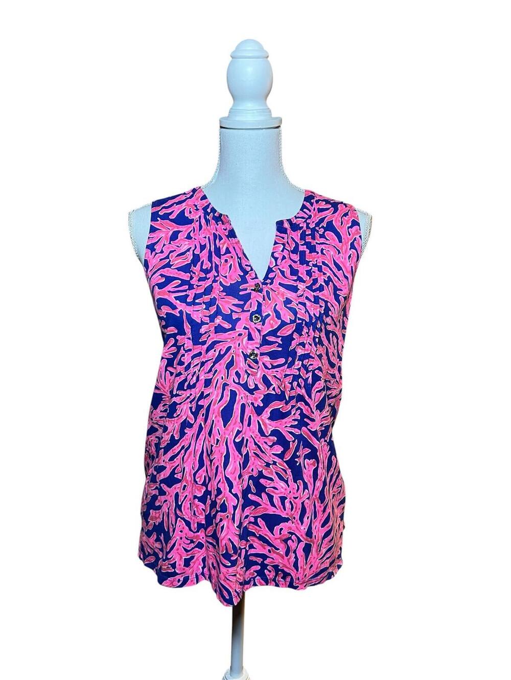 Lily Pulitizer Tropical Pink Blue Pintuck Cotton Sleeveless Top Coral Pr Size S